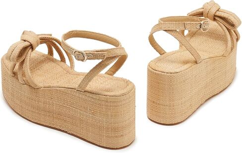 Women’s Platform Raffia Sandals with Bow - Ankle Tie Wedge Shoes, Comfortable Espadrille Summer Beach Casual Footwear for Vacation & Outdoor, Adjustable Strap, Non-Slip Rubber Sole in Saudi Arabia