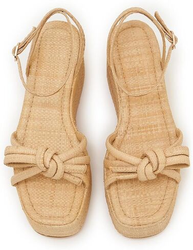 Women’s Platform Raffia Sandals with Bow - Ankle Tie Wedge Shoes, Comfortable Espadrille Summer Beach Casual Footwear for Vacation & Outdoor, Adjustable Strap, Non-Slip Rubber Sole in Saudi Arabia