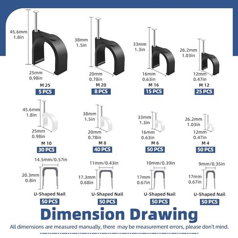 Glarks 423pcs Cable Clips with Steel Nail and Insulated U Staple Nail Kit, 223pcs M4/6/8/10/12/16/20/25 Cable Wire Clips, 200pcs Electrical U Staple Nail, Wire Staples Cord Clips for Cable Management in Saudi Arabia