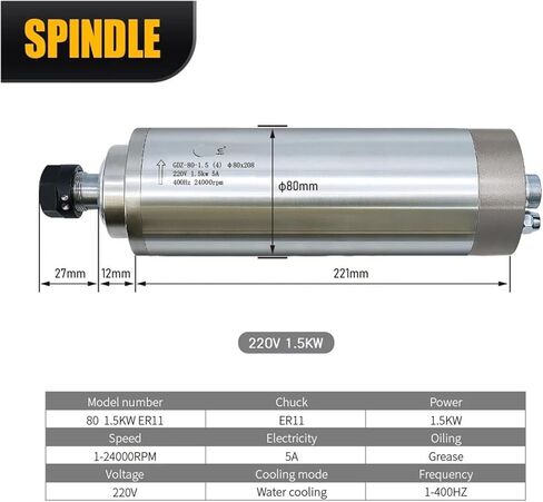 مغزل مبرد بالماء 1.5KW 220V + عاكس 1.5kw HS320 + مشبك 80 مم + مضخة مياه/أنبوب 5 متر + 7 قطعة ER11 in Saudi Arabia