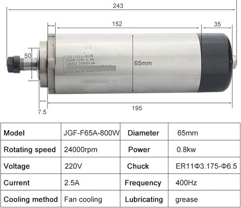 800W 220V air-cooled spindle ER11 chuck diameter 65mm 4 bearings JGF-F65A-800W in Saudi Arabia