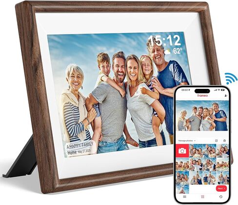 Frameo 10.1" Smart Digital Picture Frame with Walnut Moulding, 16:9 1280p HD IPS Touchscreen Display, 32GB Storage, MicroSD Slot, Plug-in Power, Easy Wireless Photo & Video Sharing, Idea in Kuwait