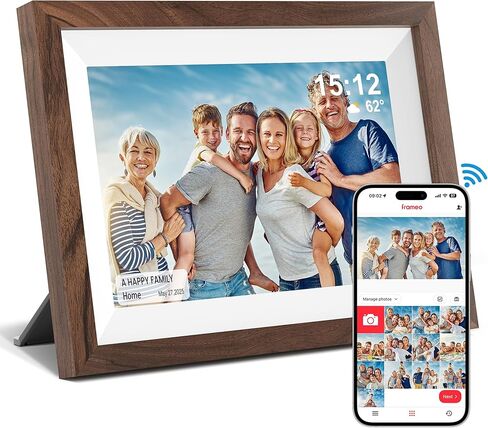 Frameo 10.1" Smart Digital Picture Frame with Walnut Moulding, 16:9 1280p HD IPS Touchscreen Display, 32GB Storage, MicroSD Slot, Plug-in Power, Easy Wireless Photo & Video Sharing, Idea in Kuwait