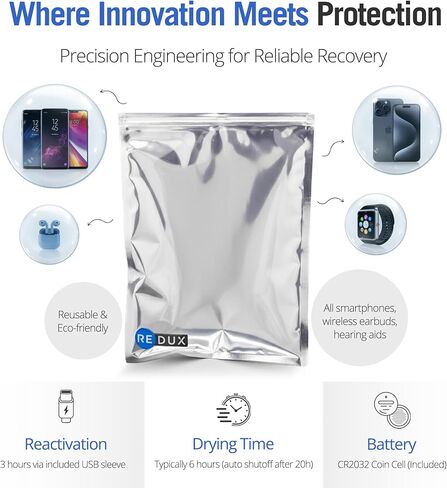 Redux Drybuddy - حقيبة هاتف ومجفف ماء تفاعلي - مجفف - مجفف الطوارئ للهواتف الرطبة ، سماعات الأذن ، وأدوات السمع - قابلة لإعادة الاستخدام ، المحمولة ، و Cruise Essential Clear in Kuwait