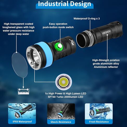 DQ-380 Dive Light, 2000 Lumen Scuba Diving Flashlight, LED 3 Modes Waterproof Underwater Torch, Aluminum, Battery Powered in Saudi Arabia