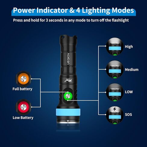 DQ-380 Dive Light, 2000 Lumen Scuba Diving Flashlight, LED 3 Modes Waterproof Underwater Torch, Aluminum, Battery Powered in Saudi Arabia