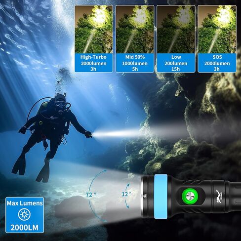 DQ-380 Dive Light, 2000 Lumen Scuba Diving Flashlight, LED 3 Modes Waterproof Underwater Torch, Aluminum, Battery Powered in Saudi Arabia