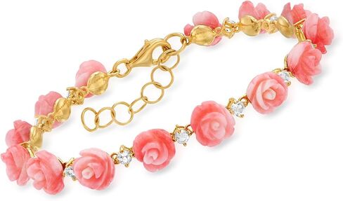 Ross-Simons Pink Coral and 1.30 ct. t.w. White Topaz Rose Bracelet in 18kt Gold Over Sterling in Saudi Arabia
