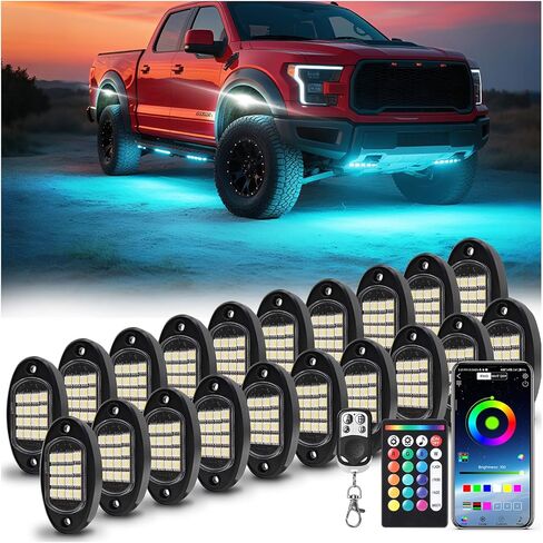 8 قرون RGBW LED LED ROCK LIGHTS ， مصابيح زجاجية بيضاء للشاحنة على الطريق ATV UTV GOLF CART RZR OFROOD SUV سيارات ، ومقاومة للماء النيون متعدد الألوان مع جهاز التحكم عن بعد Bluetooth/RF REMOTE ، 6500K 12V in Saudi Arabia