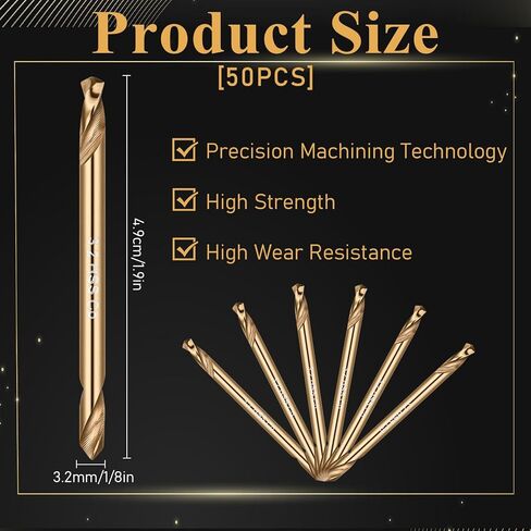 50 قطعة من لقم الثقب الكوبالت 1/8 بوصة، HSS M35 عالية السرعة من الفولاذ ذو طرفين لقم الثقب للمعادن الصلبة والفولاذ المقاوم للصدأ والحديد الزهر والخشب والبلاستيك in Kuwait