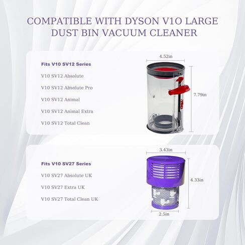 استبدال صندوق الغبار الكبير مقاس 7.79 بوصة لنماذج Dyson V10 SV12 Animal/Absolute، وعلبة العلبة للجزء رقم 969509-01 والفلتر رقم 969082-01 للطرازات المطلقة/المطلقة Pro/Animal/Animal Extra/Total Clean in Kuwait