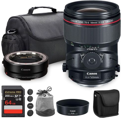 عدسة Canon TS-E مقاس 50 مم f/2.8L قابلة للإمالة والإزاحة | سلسلة L-Series Prime مع التحكم في المنظور والتركيز البؤري القريب | مثالية للتصوير المعماري والاستوديو (2273C002) + محول EF-EOS R + حقيبة + بطاقة سعة 64 جيجابايت in Kuwait