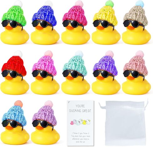 12pcs Jeeper Ducks for Ducking, Knitted Hat Ducks, Car Dashboard Rubber Ducks with Squeak Sound, Cute Rubber Ducks with Knit Hat, Gold Necklace, Sunglasses, Double-Sided Tape in Kuwait