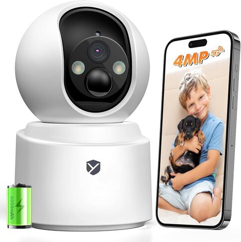 كاميرا داخلية 4MP 2.5K لاسلكية، تعمل ببطارية 6000 مللي أمبير في الساعة، عرض 360 درجة، 5G&2.4G WiFi، رؤية ليلية ملونة، صوت ثنائي الاتجاه، كاميرا أمان للمنزل/الكلاب/الحيوانات الأليفة مع تطبيق الهاتف، كشف الحركة AI، تخزين سحابي/TF in Kuwait
