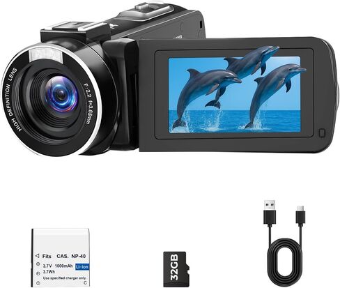 Camcorder Video Camera 5K, Dual Lens Vlogging Camera for YouTube, 3" 270° Rotatable Touchscreen WiFi 56MP Night Vision Cam Corder with 64GB SD Card, Microphone, Tripod, Stabilizer, Remote, Batteries in Saudi Arabia