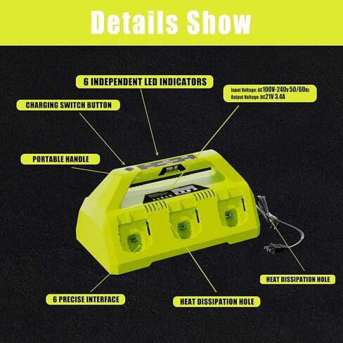 PCG006/P135 استبدال سريع بـ 6 منافذ لشاحن بطارية Ryobi 18 فولت PCG002 PCG004 PCG005 PCG008، متوافق مع بطاريات ليثيوم أيون Ryobi ONE+ 18 فولت P102-P109، PBP002-PBP1104 (لا تتضمن بطارية) in Kuwait