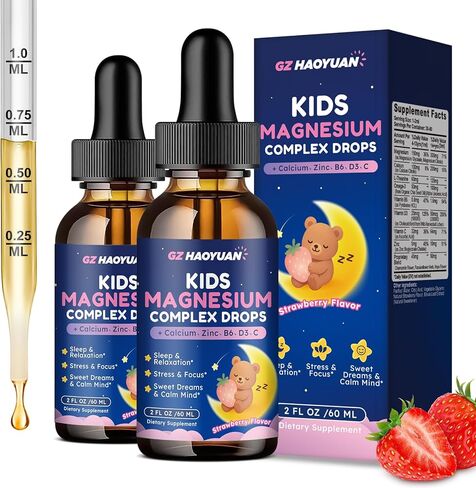 Kids Magnesium Liquid Drops - Magnesium Glycinate Drops for Kids, Citrate Liquid with Calcium, Omega-3, L-theanine, Zinc, Vitamin B6 D3 C for Sleep, Relaxation, Calm & Focus, Strawberry Flavor,2 Fl Oz in Saudi Arabia