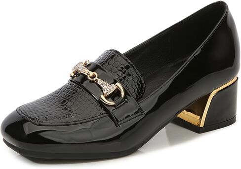 Black Penny Loafers for Women Comfortable Patent Leather Round Toe Slip On Chunky Heel Loafers with Metal Horsebit Business Office Casual Shoes in Kuwait