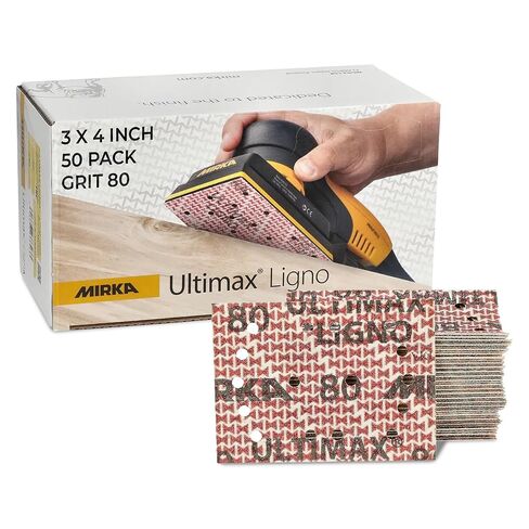 أوراق الصنفرة Ultimax Ligno من Mirka - أوراق ورق الصنفرة ذات الخطاف والحلقة Grit P80 لآلات الصنفرة النخيلية والمدارية مقاس 3x4 بوصة، وسادات كاشطة عالية الأداء لأعمال الخشب الناعم والخشب الصلب (50 حزمة) in Kuwait
