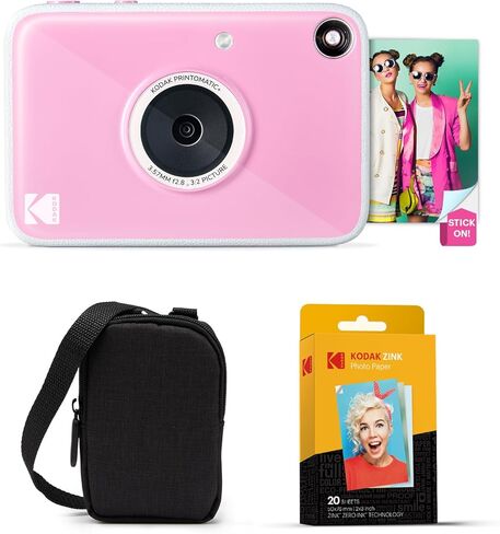 حزمة Kodak Printomatic+ للكاميرا الرقمية للطباعة الفورية + حقيبة حمل + ورق صور Zink 20pk لاصق من الخلف - 10 ميجابكسل، صور كاملة الألوان، مؤشر حالة LED GB - وردي in Kuwait