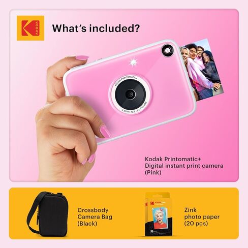 حزمة Kodak Printomatic+ للكاميرا الرقمية للطباعة الفورية + حقيبة حمل + ورق صور Zink 20pk لاصق من الخلف - 10 ميجابكسل، صور كاملة الألوان، مؤشر حالة LED GB - وردي in Kuwait
