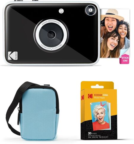 حزمة Kodak Printomatic+ للطباعة الفورية للكاميرا الرقمية + حقيبة حمل (أزرق) + ورق صور Zink 20pk لاصق من الخلف - 10 ميجابكسل، صور كاملة الألوان، مؤشر حالة GB LED - أسود in Kuwait
