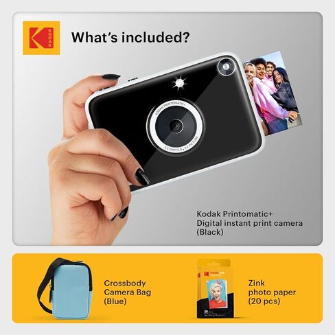 حزمة Kodak Printomatic+ للطباعة الفورية للكاميرا الرقمية + حقيبة حمل (أزرق) + ورق صور Zink 20pk لاصق من الخلف - 10 ميجابكسل، صور كاملة الألوان، مؤشر حالة GB LED - أسود in Kuwait