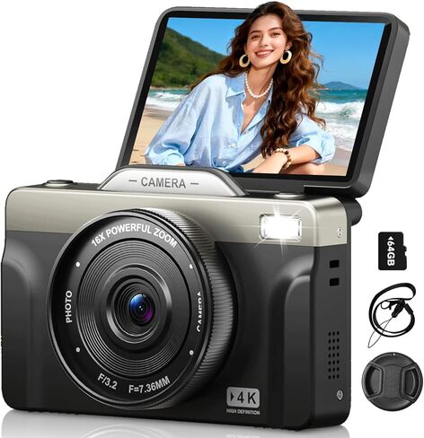 4K Digital Cameras for Photography, 64MP Autofoucs Vlogging Camera for YouTube with 3" 180° Flip Screen,16X Zoom Compact Travel Camera for Beginners Teens with 64GB Card (White) in Saudi Arabia