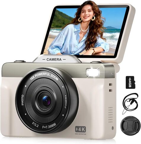 4K Digital Camera for Photography, 64MP Vlogging Travel Camera for YouTube | 2026 Latest 3" 180° Flip Screen, Autofocus Compact Cameras for Beginners Creators, 16X Zoom, 64GB TF Card, Flash (Black) in Saudi Arabia
