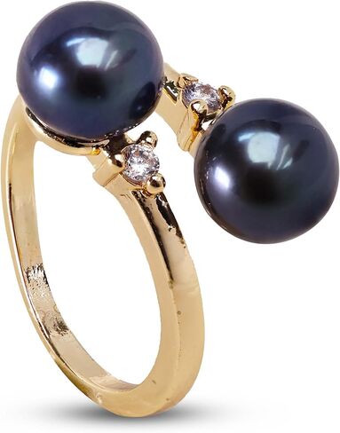 AAA+ Grade Natural Freshwater Cultured Double Black Pearl Ring for Women, 18K Gold-Plated, Adjustable Band with Zirconia Accents,ldeal for Women's Jewelry Gift in Saudi Arabia