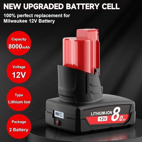 Upgraded 8000mAh 12V Replacement for Milwaukee M12 Battery Lithium LCD Display 48-11-2401 48-11-2460 48-11-2402 48-11-2412 48-11-2411 48-11-2420 Compatible with Milwaukee 12 Volt Cordless Power Tools in Saudi Arabia