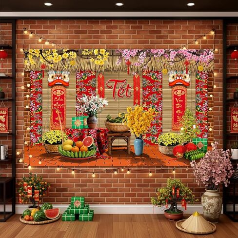 زخارف Lofaris الفيتنامية للعام الجديد، 2026 TET Nguyen Dan Banner، Chuc Mung NAM Moi Happy Lunar New Year Decor، لوازم حفلات TET التقليدية لكشك الصور المنزلي 70.8x43.3in in Kuwait