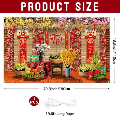 زخارف Lofaris الفيتنامية للعام الجديد، 2026 TET Nguyen Dan Banner، Chuc Mung NAM Moi Happy Lunar New Year Decor، لوازم حفلات TET التقليدية لكشك الصور المنزلي 70.8x43.3in in Kuwait