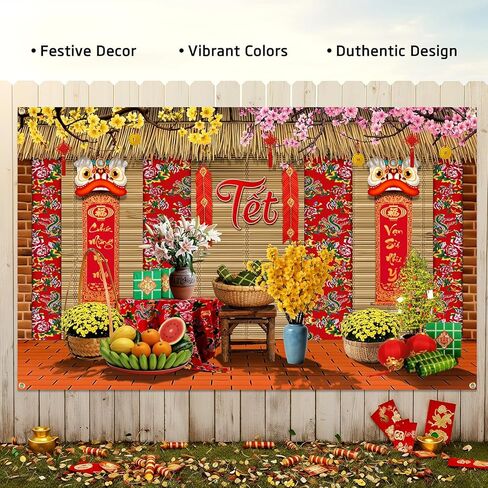 زخارف Lofaris الفيتنامية للعام الجديد، 2026 TET Nguyen Dan Banner، Chuc Mung NAM Moi Happy Lunar New Year Decor، لوازم حفلات TET التقليدية لكشك الصور المنزلي 70.8x43.3in in Kuwait