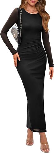 WIHOLL Women's Bodycon Maxi Dress Fall Fashion Long Sleeve Floral Print Tight Fitted Party Club Ruched Dresses in Saudi Arabia