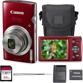 حزمة الكاميرا الرقمية PowerShot ELPH 180 من Canon (أحمر) مدمجة للتصوير والتقاط الصور مع تكبير بصري | تصميم خفيف الوزن سهل التحكم لمناسبات السفر العائلية والتصوير اليومي مع حافظة وبطاقة سعة 64 جيجابايت in Kuwait