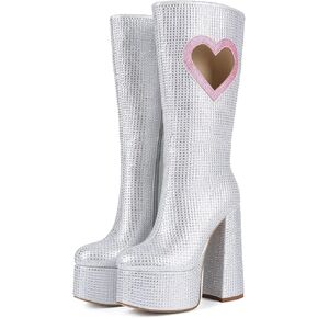 Frankie Hsu Sweet Cute Lovely Chunky Platform Knee High Heeled Boot, Silver Pink Heart Rhinestone Gem Hot Girl Big Large Size Wide Calf Long Boots For Women Men in Kuwait