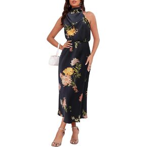 Women's 2025 Summer Satin Dress Elegant Formal Sleeveless Mock Neck Wedding Guest Cocktail Party Maxi Dresses in Kuwait