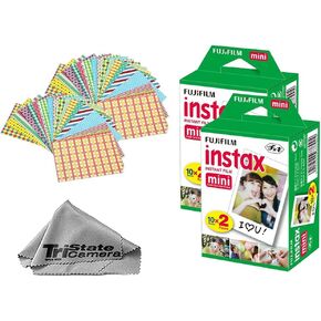 فيلم Fujifilm Instax Mini الفوري (20 ورقة) + 20 إطار ملصق + قطعة قماش تنظيف من الألياف الدقيقة TSC - لكاميرات Mini 8، 9، 11، 12، 50s، 25، 7s، 90 كاميرا وMini Link in Kuwait