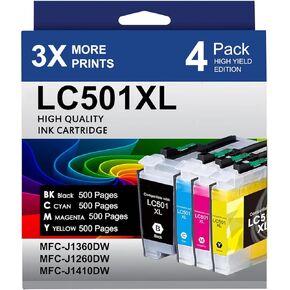 LC501XL Ink Cartridges for Brother Printer Compatible for Brother LC501XL LC501 Ink Cartridges with MFC-J1360DW MFC-J1260W MFC-J1410DW Printer (Black Cyan Magenta Yellow, 4 Pack) in Kuwait