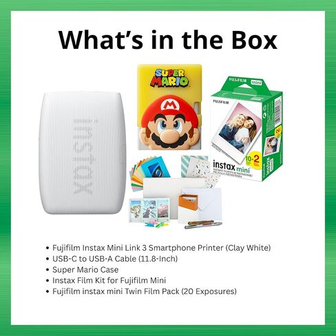 Fujifilm Instax Mini Link 3 Smartphone Printer with Super Mario Case (Clay White) Bundle with 20 Exposure Film and Accessories Kit (3-Items) in Saudi Arabia