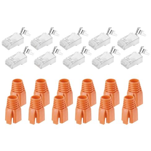 MECCANIXITY 10pcs CAT7 RJ45 Pass Through Connectors, RJ45 STP/FTP 8P8C Gold Plated Plugs with 10pcs Orange Strain Relief Boots and Cable Traverse for 23AWG Ethernet Cable in Kuwait