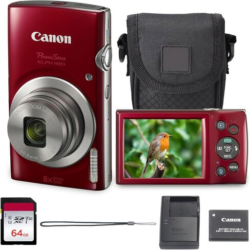 حزمة الكاميرا الرقمية PowerShot ELPH 180 من Canon (أحمر) مدمجة للتصوير والتقاط الصور مع تكبير بصري | تصميم خفيف الوزن سهل التحكم لمناسبات السفر العائلية والتصوير اليومي مع حافظة وبطاقة سعة 64 جيجابايت in Kuwait