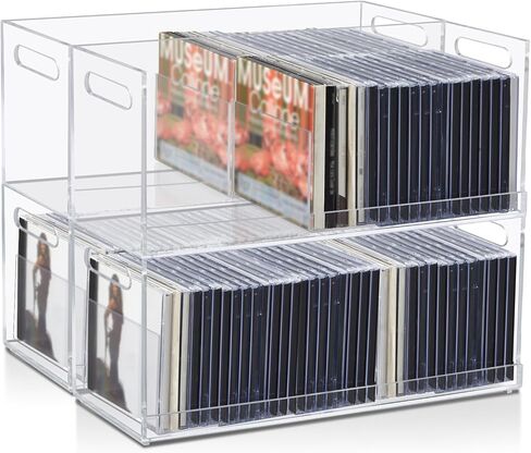 2 Pcs Acrylic Cd Storage Box, Clear Acrylic Stackable Cd Holder Racks with Cutout Carrying Handles, Organizer Shelf for Media, Movie Cases, Dvds Organizer in Saudi Arabia
