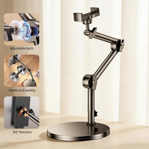 حامل هاتف علوي من الألومنيوم عالي التحمل لتسجيل الفيديو، حامل ثلاثي لهاتف iPhone قابل للتعديل للقطات العلوية، حامل كاميرا هاتف مكتبي للطهي، تقنيات الأظافر، التصوير، البث المباشر in Kuwait