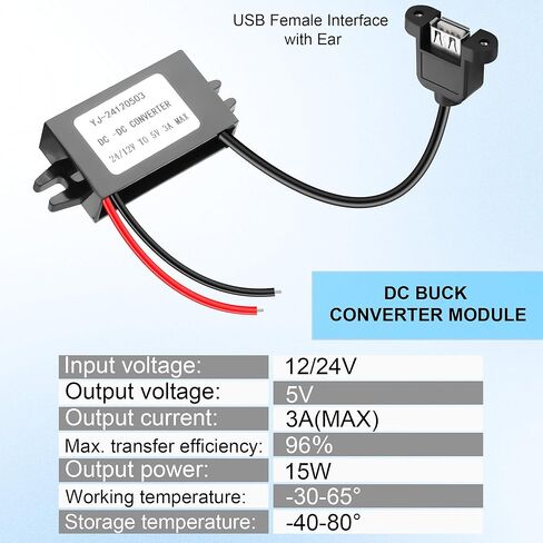 DC 12V to 5V 3A USB 15W Car Waterproof Power Supply Converter, USB Step Down Voltage Power Supply Output Adapter,Voltage Regulator Buck Module for Security Camera,LED,DVR (USB with Ear) in Saudi Arabia