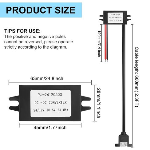 DC 12V to 5V 3A USB 15W Car Waterproof Power Supply Converter, USB Step Down Voltage Power Supply Output Adapter,Voltage Regulator Buck Module for Security Camera,LED,DVR (USB with Ear) in Saudi Arabia
