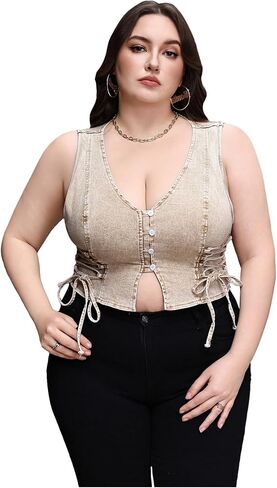 OYOANGLE Women's Plus Size Vintage Lace Up Denim Vest Top Button Front V Neck Jean Tank Tops in Saudi Arabia