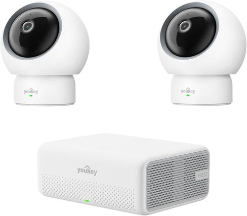 youkey 2Pack كاميرا داخلية P310 مع Hub H310، بدون رسوم شهرية، عموم وإمالة، كاميرا أمان 2.5K مع 2.4/ 5 جيجا هرتز WiFi 6، اقتران بلوتوث، محادثة ثنائية الاتجاه، رؤية ليلية in Kuwait