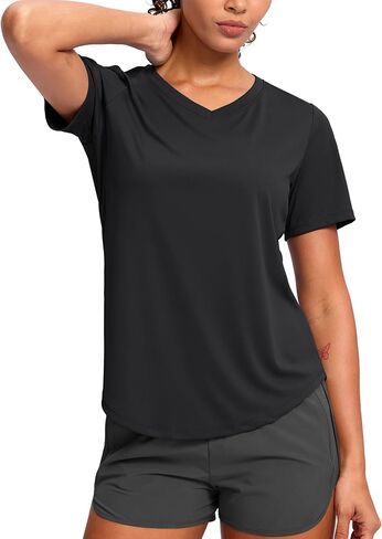 تجريب المرأة قمم V-neck قصيرة الأكمام UPF 50+ Sun Shirt Moisture Wicking Quick Dry Top for Gym ، Running ، Athletic in Saudi Arabia